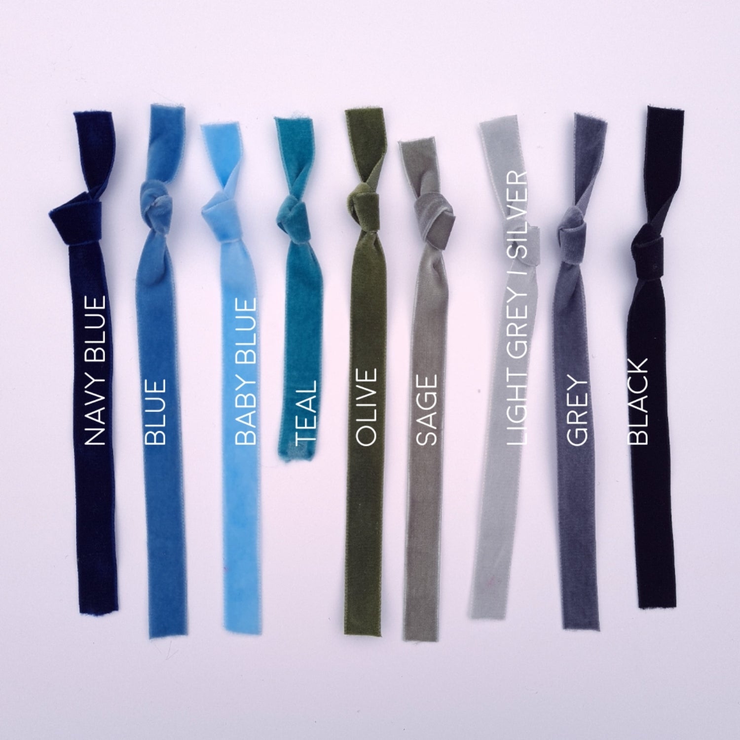 Velvet ribbons in navy blue, blue, baby blue, teal, olive, sage, light grey or silver, grey and black